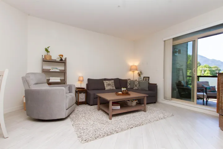 Living room with light wood-style flooring, a mountain view, and baseboards