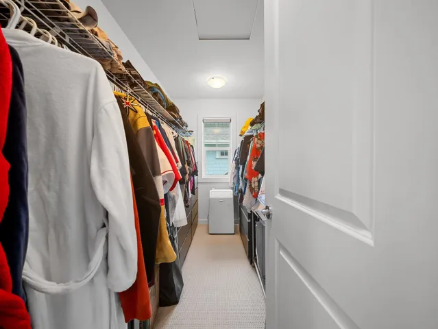 Walk-in closet featuring wire shelving, built-in drawer units, recessed lighting, a window, and carpet flooring