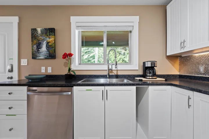 Kitchen with dishwasher, white cabinets, and backsplash