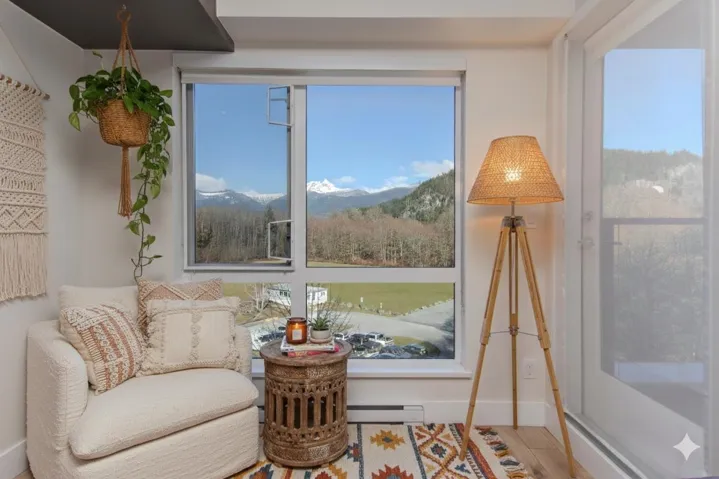 Floor-to-ceiling windows framing mountain and tree-lined scenery