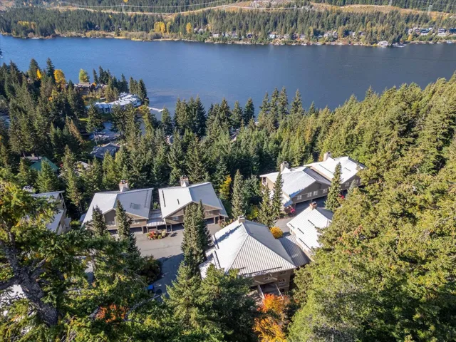 Bird's eye view featuring a wooded view and a water view