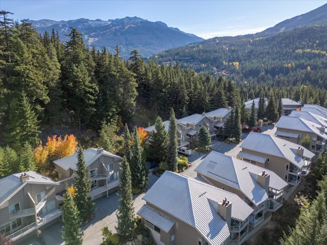 Birds eye view of property with a wooded view, a residential view, and a mountain view