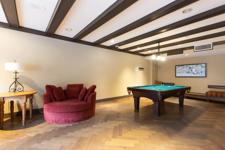 Game room featuring baseboards, beamed ceiling, billiards table, and recessed lighting