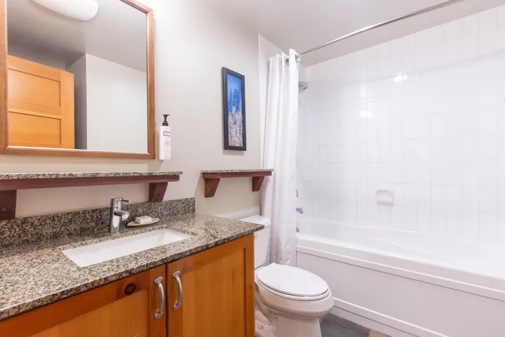 Full bathroom with toilet, vanity, and shower / bath combination with curtain