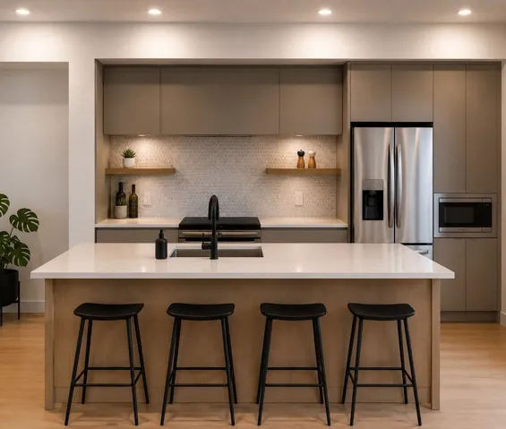 Modern kitchen featuring a spacious center island with seating, integrated sink, and matte black faucet