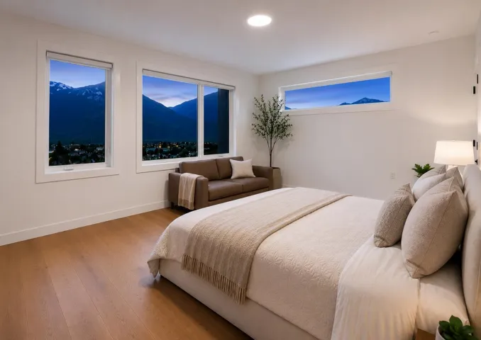 Room featuring multiple windows, recessed ceiling lighting, and wood-finish flooring