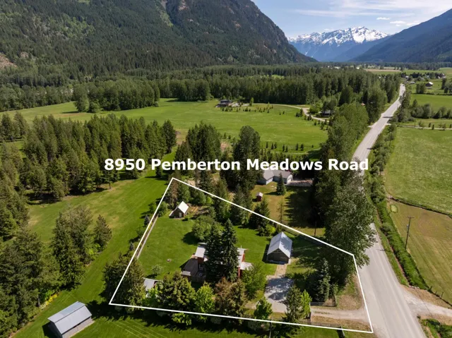 Aerial perspective featuring a main residence, two accessory structures, mature trees, and expansive green spaces
