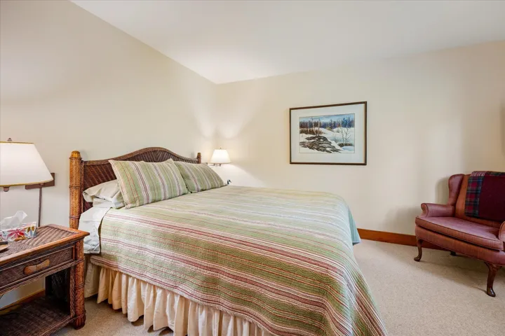 Bedroom featuring a woven headboard, wall-mounted light fixtures, and a neutral carpet