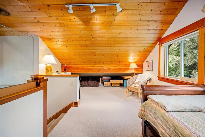 Carpeted loft area featuring a natural wood-paneled sloped ceiling, track lighting, and a large window with wood trim