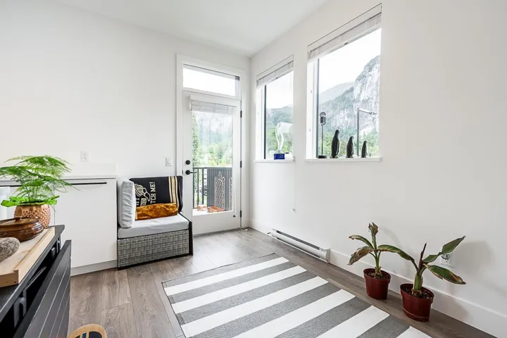 Living area with wood finished floors, a baseboard radiator, and a mountain view