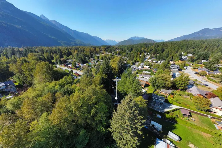 Aerial overview of property's location with a mountainous background and nearby suburban area