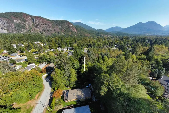 Aerial overview of property's location with a mountainous background and a heavily wooded area