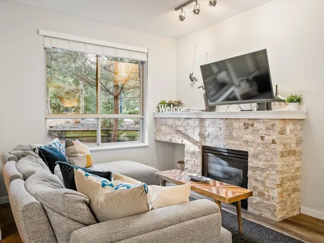 Living room featuring wood finished floors and a stone fireplace