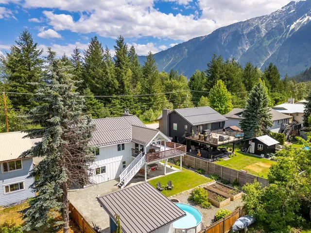 Bird's eye view of a mountainous background and a pool area