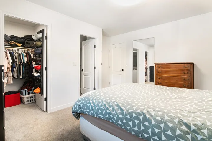 Carpeted bedroom with crown molding, a spacious closet, and a closet