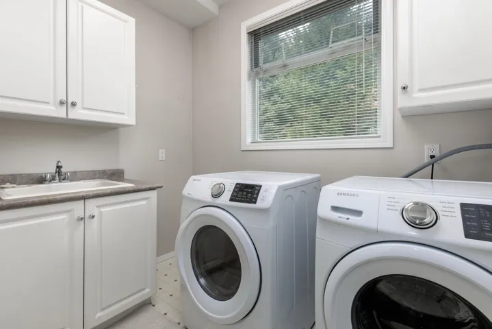 Laundry area with washer and clothes dryer, cabinet space, and a sink