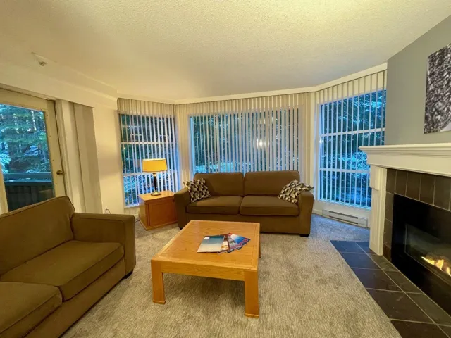 Living area featuring a tiled fireplace, carpet flooring, a baseboard heating unit, and a textured ceiling