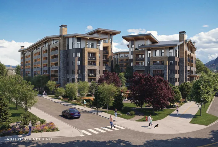 This is a rendering showing the buildings and park at the corner of Eaglewind Boulevard (left) and Pemberton Avenue (right).