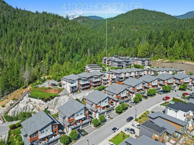 Aerial perspective of suburban area with a forest and mountains