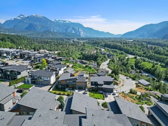 Aerial perspective of suburban area featuring a mountainous background and a forest