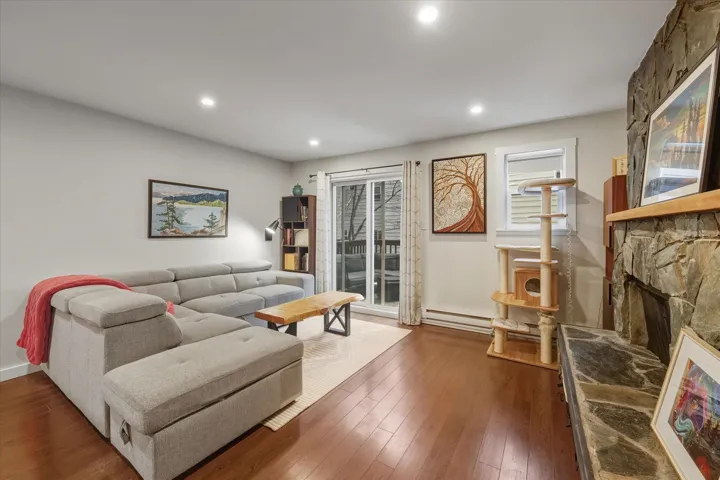 Living room with dark wood-style flooring, a stone fireplace, and recessed lighting