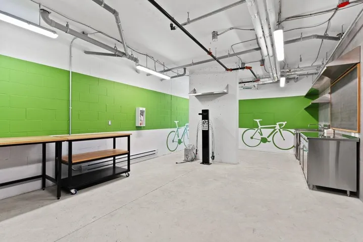 Dedicated utility area featuring a concrete floor and vibrant green accent walls