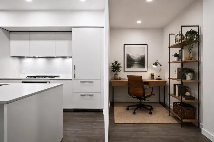 Contemporary kitchen and dedicated office space featuring dark wood-finish flooring