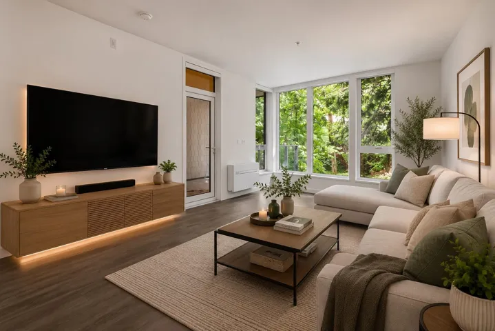 Bright living space featuring a wall of floor-to-ceiling windows, wood-finish flooring, and a built-in floating media console with accent lighting