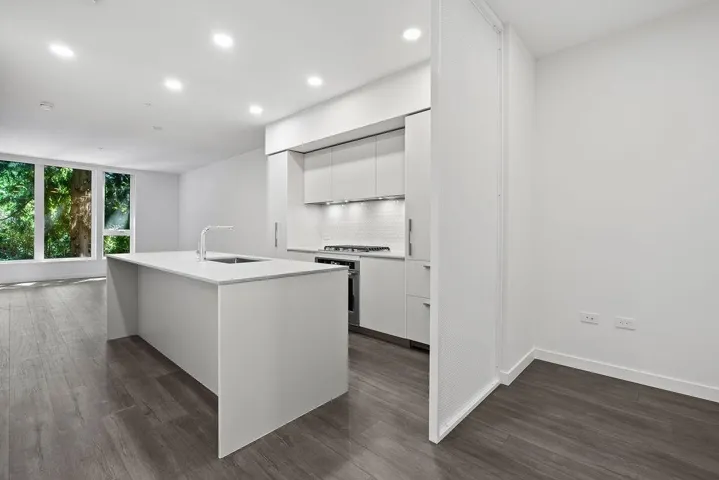 Contemporary kitchen featuring a large island with an integrated sink and gooseneck faucet