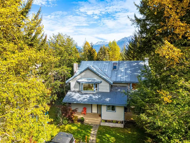 View of front of home featuring a chimney, a metal roof, a mountain view, covered porch, and view of wooded area