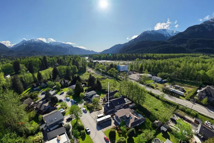 Aerial view of residential area with mountains