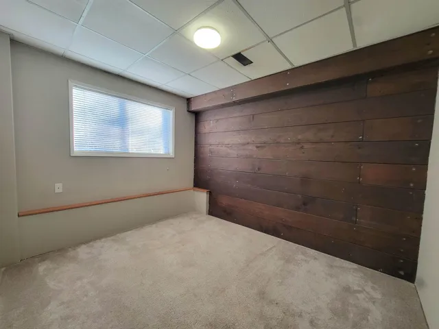 Unfurnished room featuring carpet floors, wood walls, and a drop ceiling