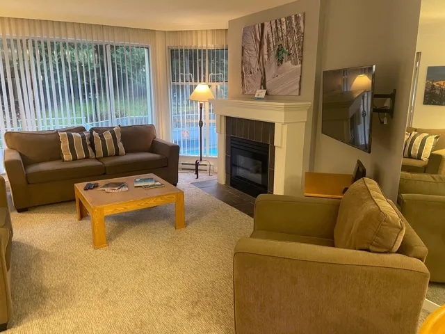 Living room featuring a fireplace, a baseboard radiator, and carpet floors