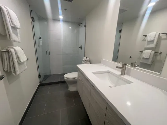 Bathroom featuring vanity, dark tile patterned floors, and a stall shower
