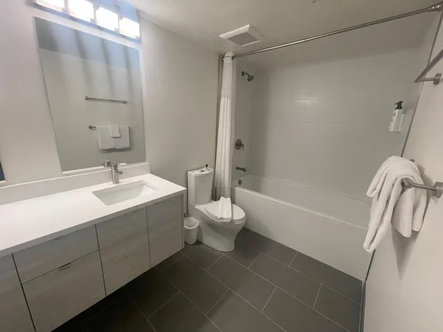 Full bath featuring vanity, shower / bathtub combination with curtain, and dark tile patterned flooring