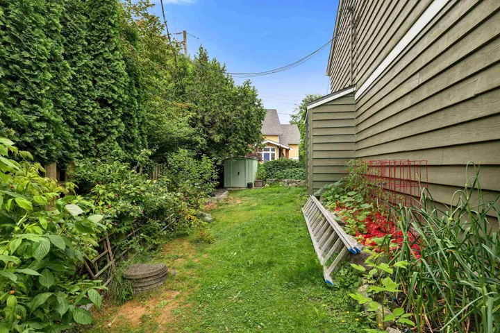 Expansive side yard featuring a grass pathway, mature perimeter shrubbery, and a planting bed along the house exterior