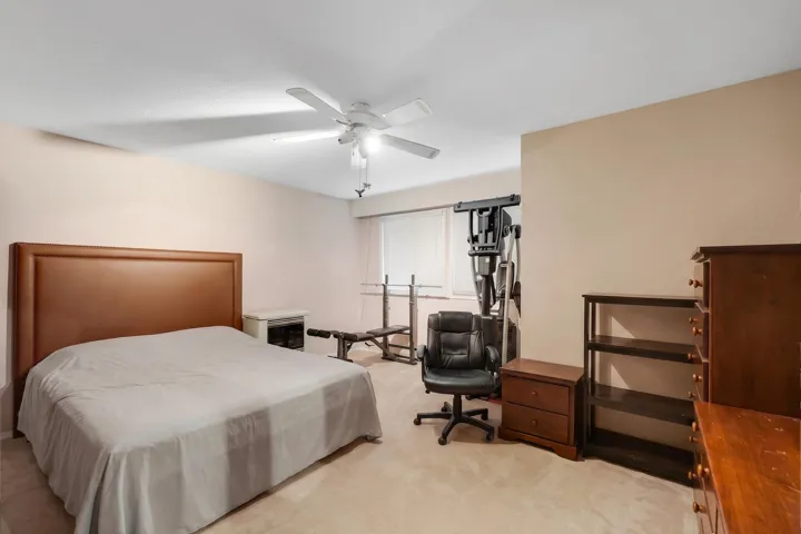 Carpeted flooring features throughout this expansive room with a ceiling fan