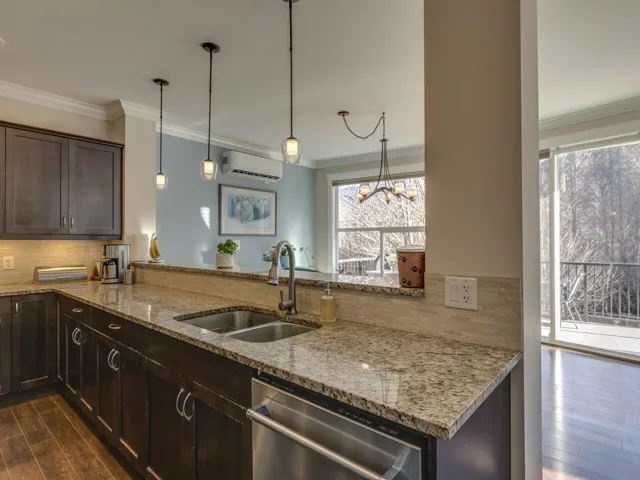 Kitchen with tasteful backsplash, dark brown cabinetry, light stone counters, dark wood-style floors, and decorative light fixtures