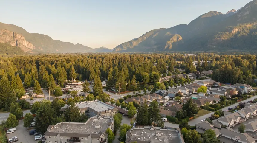Aerial perspective showcasing a residential area bordered by expansive forested regions and prominent mountains
