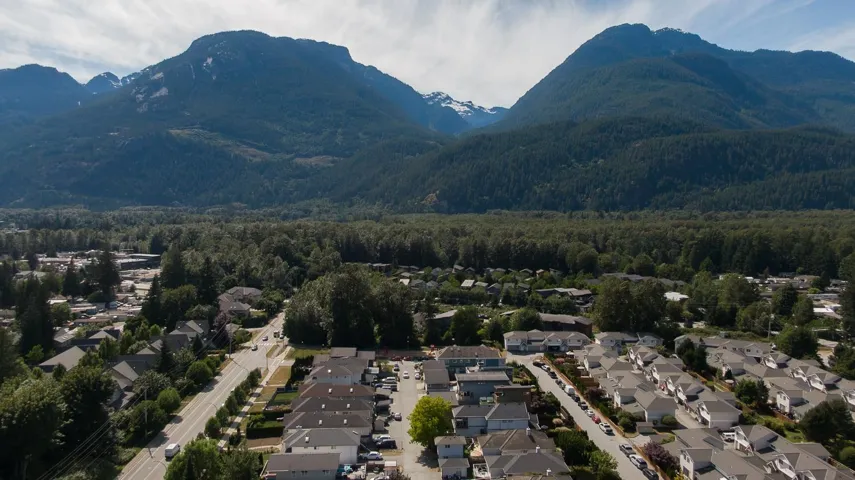 Expansive mountain range backdrop framing a residential area with various housing types and mature trees