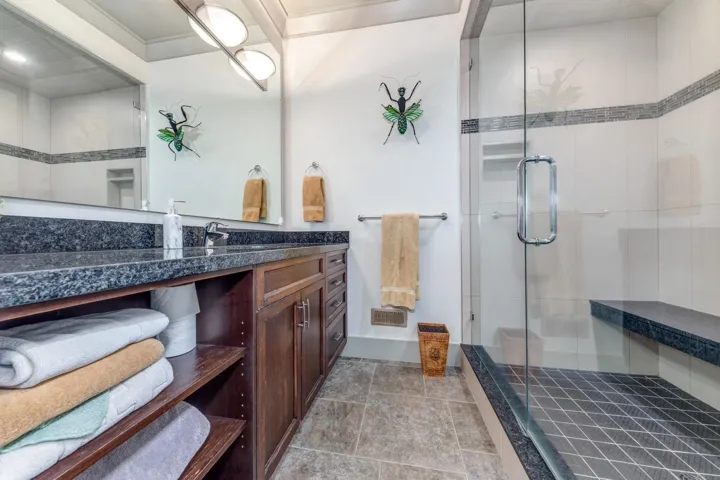 Bathroom featuring a dark granite countertop vanity with integrated sink, wood cabinetry, and open shelving