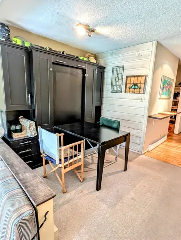 Office space featuring wood walls, a textured ceiling, light colored carpet, and a baseboard radiator