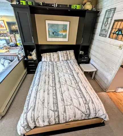 Bedroom with a baseboard radiator, carpet, and wooden walls