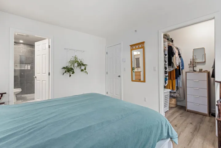 Bedroom featuring a walk in closet, light wood-style flooring, a closet, and connected bathroom