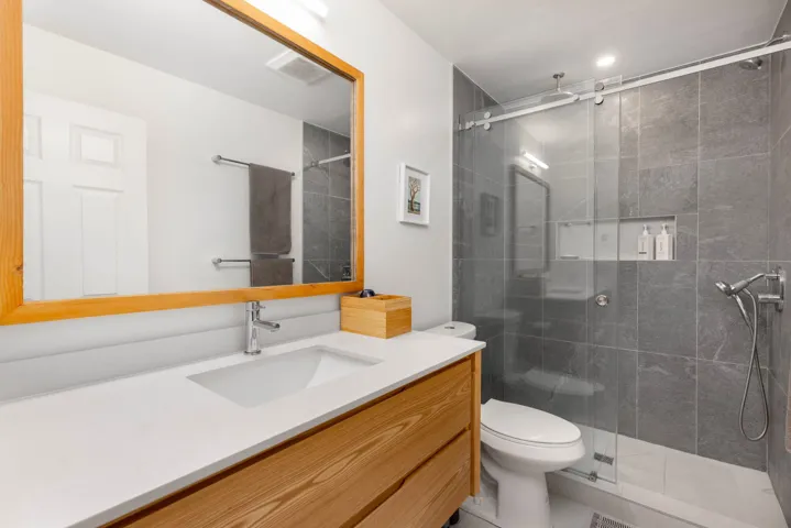 Full bathroom with vanity and a shower stall