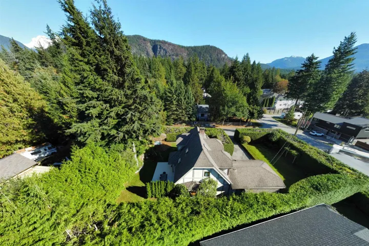 View from above of property with a mountainous background and a forest