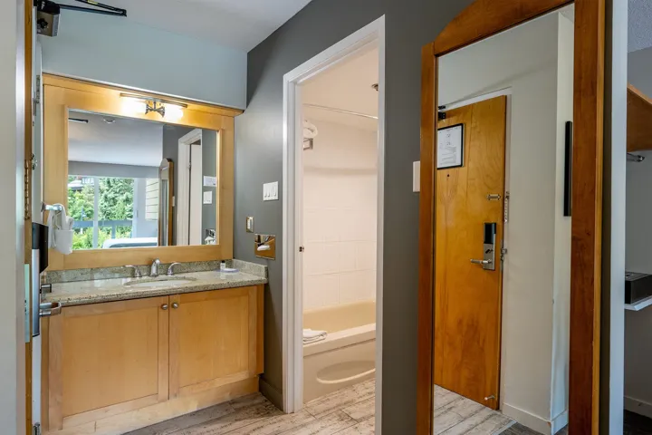 Bathroom with vanity and wood finished floors