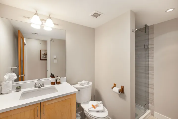 Full bath featuring a stall shower and vanity