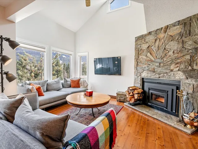 Living room with a stone fireplace, baseboards, high vaulted ceiling, and wood-type flooring