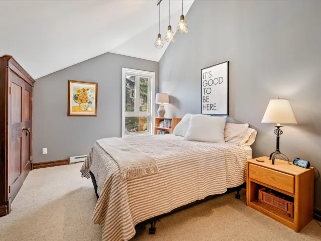 Bedroom featuring light carpet, baseboards, lofted ceiling, and a baseboard heating unit